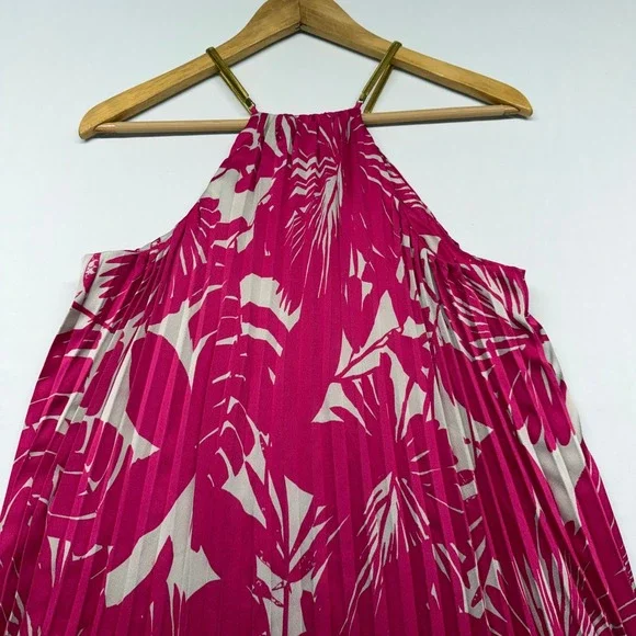 Trina Turk Pleated Halter Maxi Dress Pink Tropical Gold Strap M - Picture 6 of 12